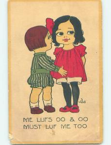 Chipped Divided-Back signed WALL - CUTE GIRL WITH SHORTER BOY o8655