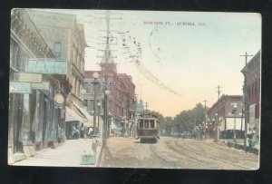 AURORA ILLINOIS DOWNTOWN DOWNER PLACE TROLLEY CAR VINTAGE POSTCARD 1910