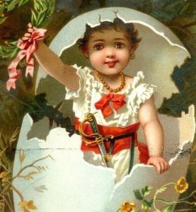 1880s Victorian Easter Card Adorable Child Hatching From Egg Sword Wreath #5D