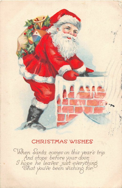 F39/ Santa Claus Merry Christmas Postcard c1928 Chimney Snow Smile 19