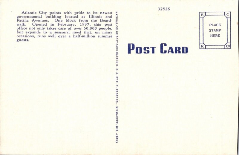 US Post Office Atlantic City NJ New Jersey Postcard Unposted Vintage Pacific Ave 