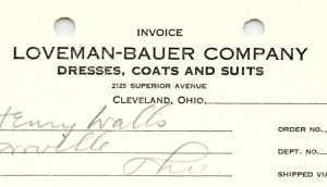 1938 LOVEMAN-BAUER CO. CLEVELAND OH DRESSES COATS SUITS BILLHEAD INVOICE Z1174