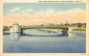 Linen Postcard Ruby Street Bridge over Illinois Waterway, Joliet IL Will County