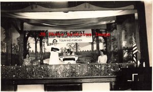 Unknown Location, RPPC, Woman Preacher with Bible on Stage, Trimmed, Photo