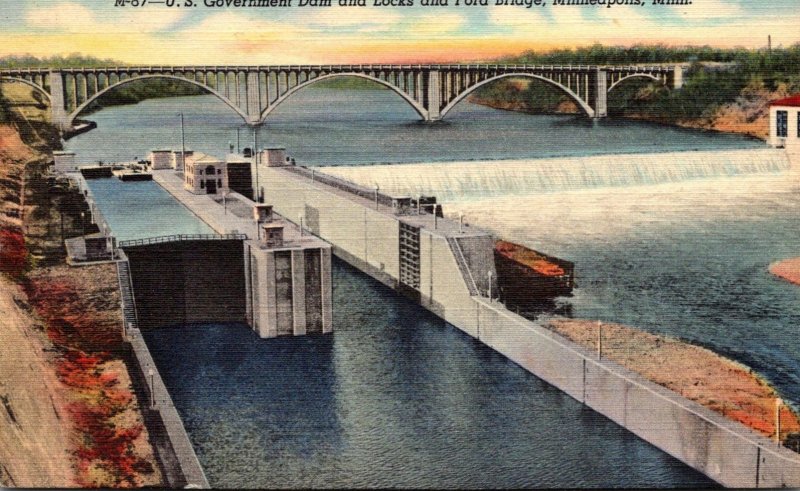 Minnesota Minneapolis U S Governemnt Dam and Locks and Ford Bridge Curteich