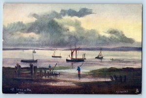 Off Leigh-on-Sea Essex England Boat Scene Postcard c1910 Aquarette Tuck Art