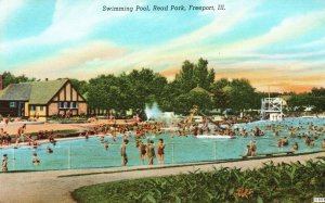 Vintage Postcard Swimming Pool Cottage Read Park Crowd Bathing Freeport Illinois