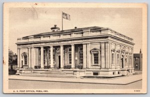 Peru Indiana~United States Post Office Bldg Street View~B&W~Vtg Linen Postcard