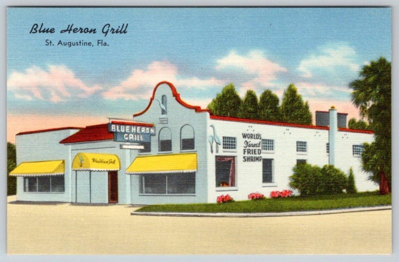 BLUE HERON GRILL ST AUGUSTINE FLORIDA FRIED SHRIMP RESTAURANT LINEN POSTCARD