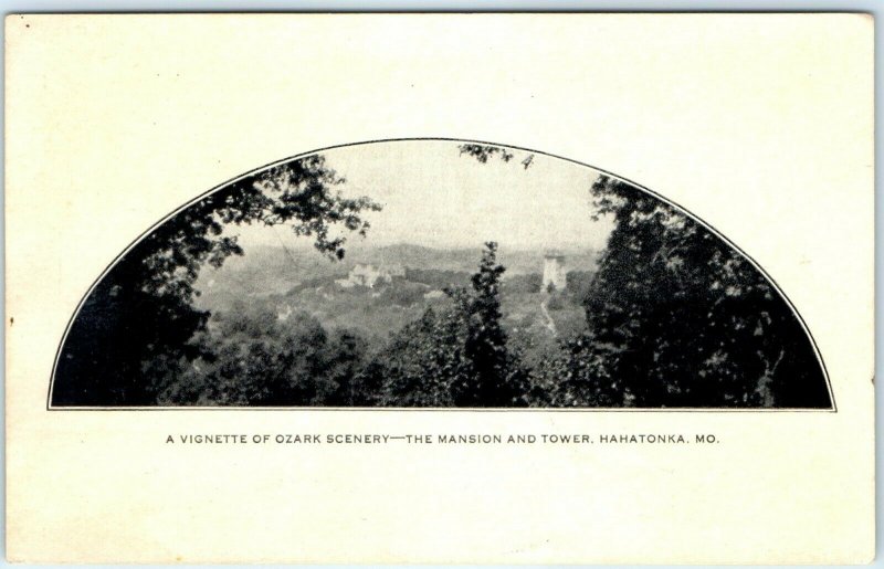 c1910s Hahatonka, MO Vignette of Ozark Scenery Mansion & Tower Postcard Litho A6