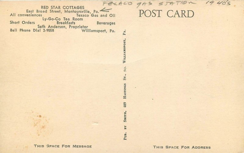 Postcard Pennyslvania Montoursville Red Star Cottages Texaco Ga  23-6472