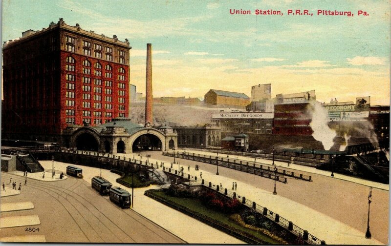 Postcard PA Pittsburgh Union Station P.R.R. - Trains - Streetcars - C. 1910 A9 