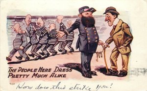 Embossed Postcard 939 People Dress Alike Here, Men in Prison Uniforms, Warden