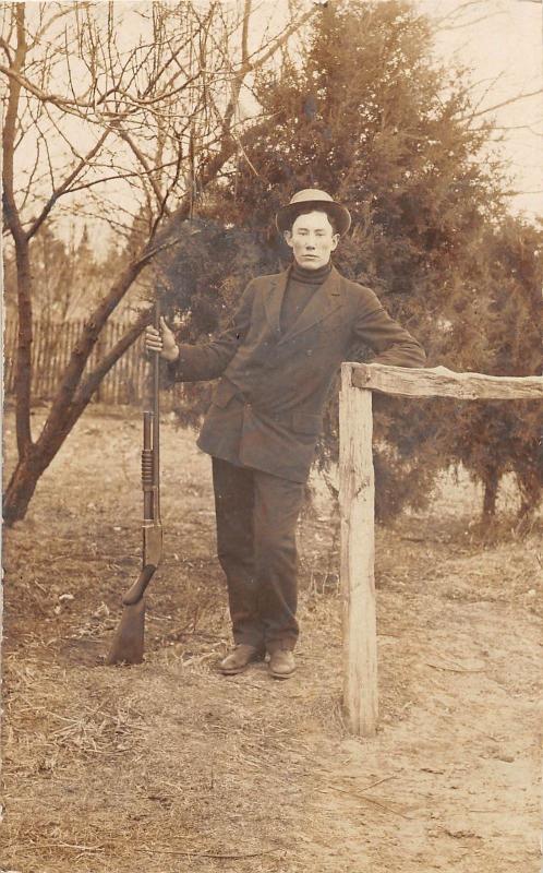 B31/ Hunting Real Photo RPPC Postcard c1910 Man with Rifle Coat Hat 15