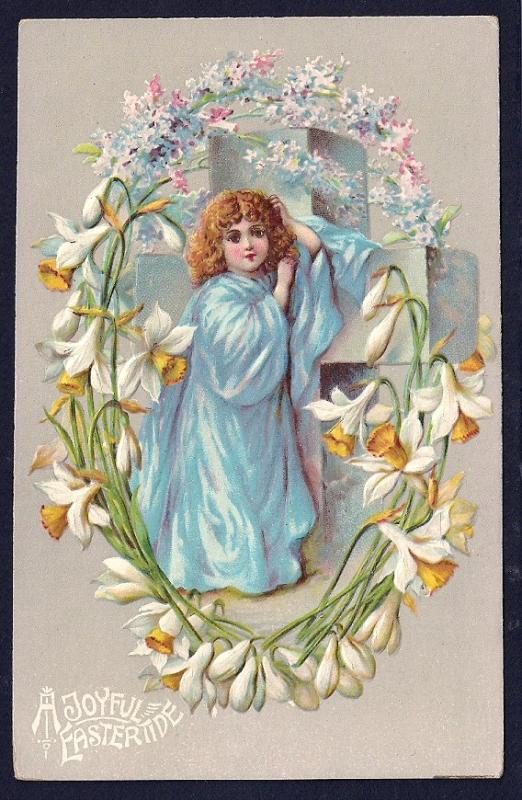 Joyful Eastertide Girl Daffodils & Cross Used c1910s