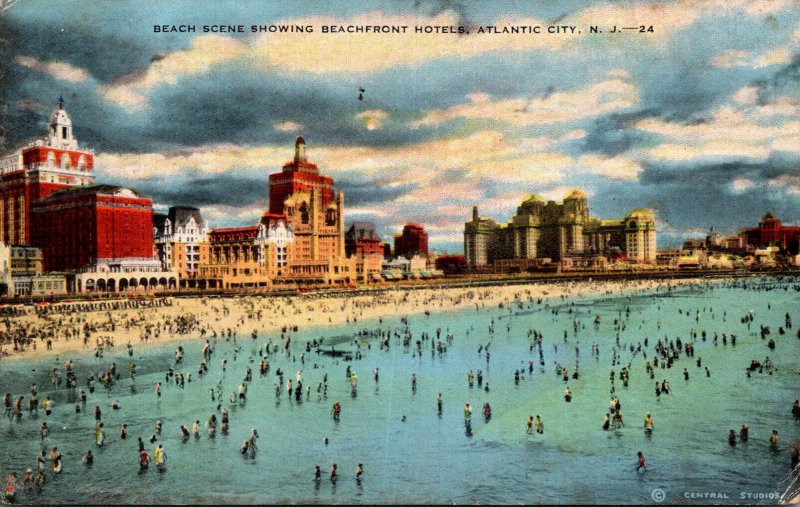 New Jersey Atlantic City Beach Scene Showing Beachfront Hotels 1940