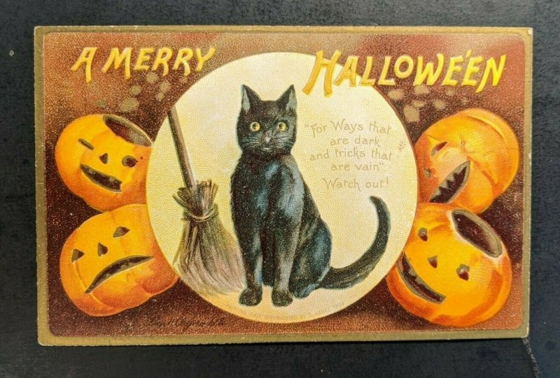 Mint Vintage Black Cats and Pumpkins Embossed Illustrated Halloween Postcard 