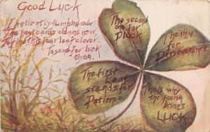 EXPLANATION OF GOOD LUCK FROM 4 LEAF CLOVER~ST PATRICKS GREETING POSTCARD 1910