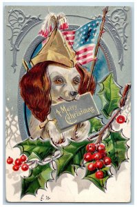 1910 Merry Christmas Dog Holly Berries Embossed Nash Philadelphia PA Postcard