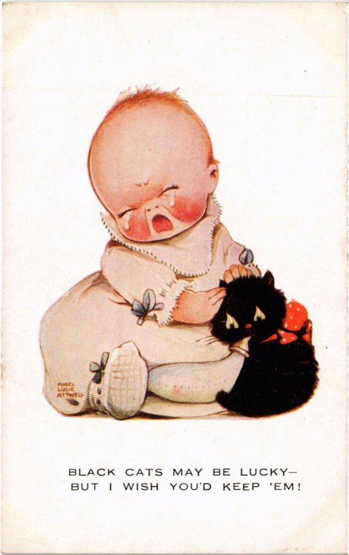 PC CATS, BLACK CATS MAY BE LUCKY BUT I WISH, Vintage Postcard (b46924)