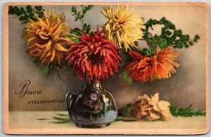 Flower in Vase Orange and Yellow Petals Greetings Wishes Card Postcard