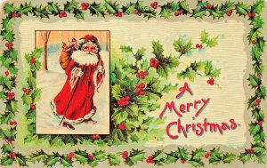 RED SUIT SANTA TREKS THROUGH SNOW-BAG TOYS~A MERRY CHRISTMAS~1912 POSTCARD