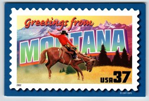 Greetings From Montana Large Letter Chrome Postcard USPS 2001 Cowboy Rides Horse