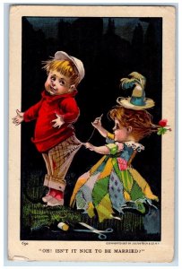 c1910's Children Stitching Pants Isn't It Nice To Be Married Antique Postcard