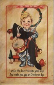 Happy Boy w/ His Christmas Stocking - Toy Gun c1910 Postcard