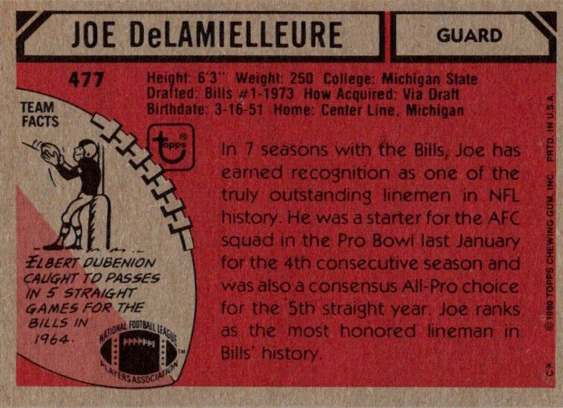 1980 Topps Football Card Joe DeLamielleure G Buffalo Bills sun0329