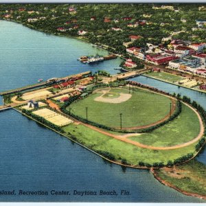 c1940s Daytona Beach, FL Aerial City Island Playground Linen Baseball Field A289