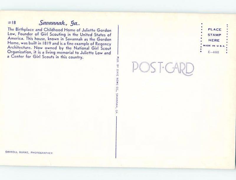 Unused Pre-1980 SCOUTING - HOME OF GIRL SCOUTS FOUNDER Savannah GA d0542-22