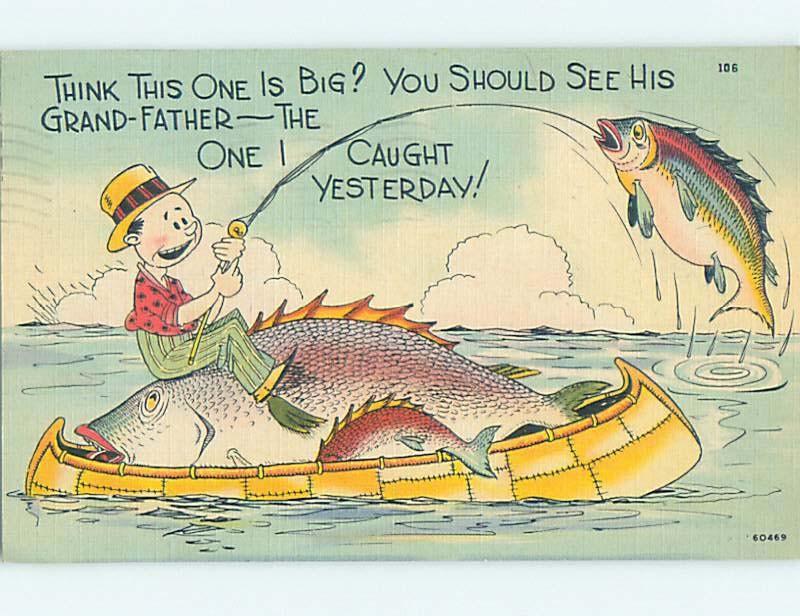 Y4576 Exaggeration Postcard, giant fish, motor boat on PopScreen