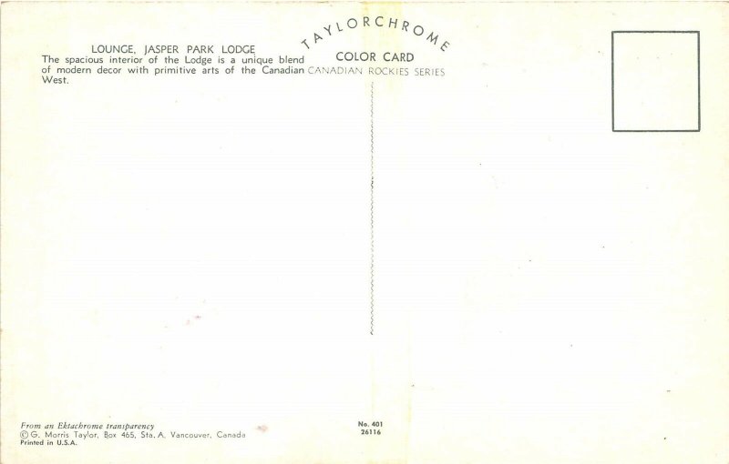 Lounge Interior Jasper Park Lodge Canada 1960s Postcard