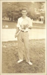 Man Holding Tennis Racket & Trophy c1930 Real Photo Postcard rpx