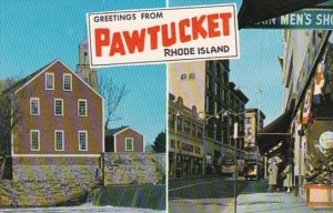 Rhode Island Greetings From Pawtuckett Showing Main Street and Old Slater Mill