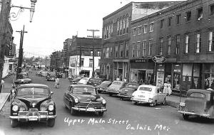 Calais ME Upper Main Street Storefronts Gas Stations Old Cars RPPC