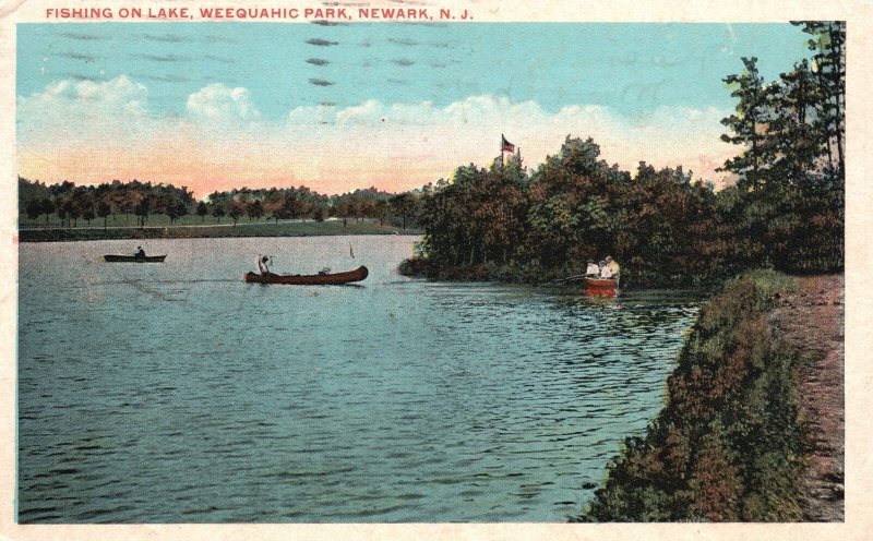 Vintage Postcard 1927 Fishing Boat on Lake Weequahic Park Newark New Jersey NJ