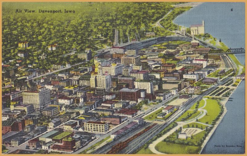 Davenport, Iowa, Air View of downtown along the Mississippi- 