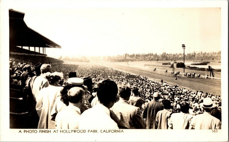 RPPC Horse Racing, Photo Finish at Hollywood Park CA Vintage Postcard J56 