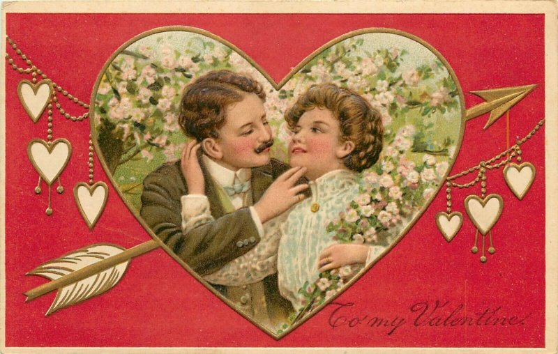 Embossed Valentine Postcard PFB 8096 Loving Couple Apple Blossoms Heart Vignette