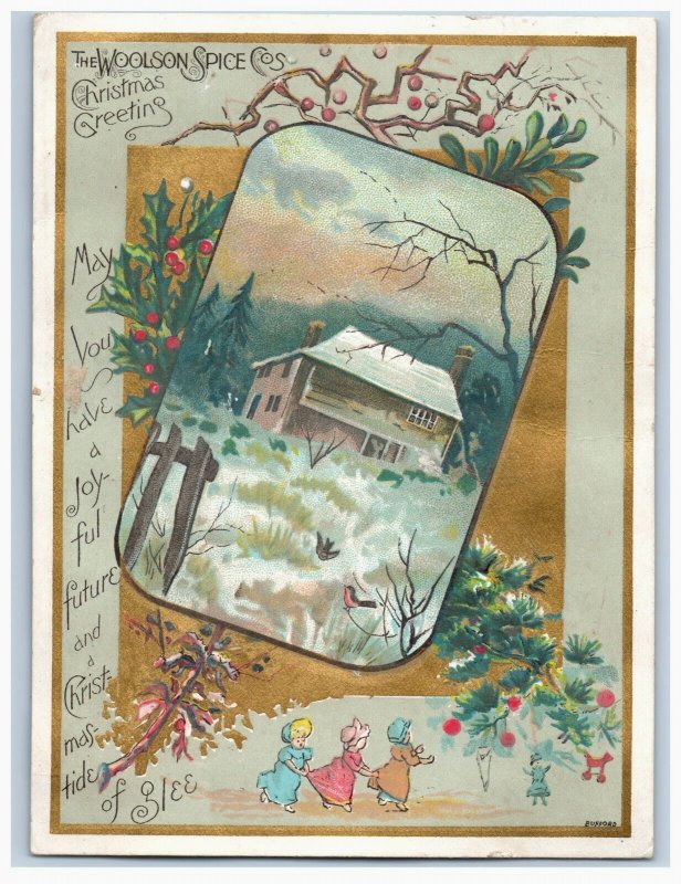 1880s Woolson Spice Co. Christmas Greeting Card Children Cabin Woods 7E