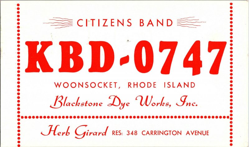 QSL Radio Card From Woonsocket Rhode Island KBD-0747