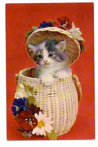 Kitten in Wicker Basket, Lid Looks Like Flowered Hat, Nycechrome, K-1833