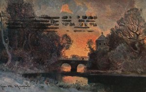 Vintage Postcard 1907 Steamer Bridge Nature Trees Sunset Scene Painting Artwork