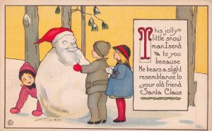 JOLLY LITTLE SNOW MAN RESEMBLES SANTA CLAUS-MGT EVANS PRICE CHRISTMAS POSTCARD