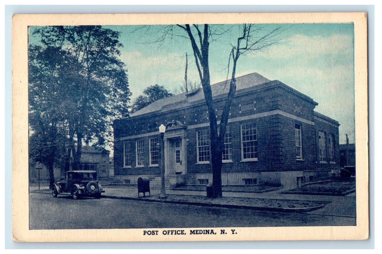 Medina NY, Post Office Mailbox Building Car Street View Vintage