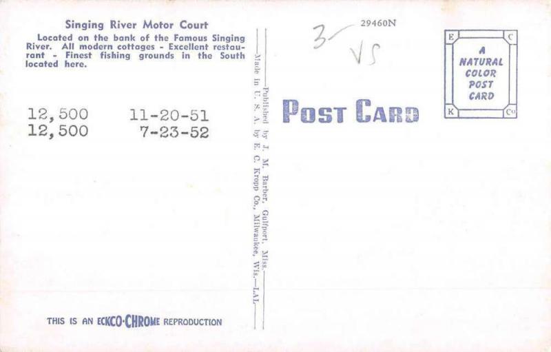 Pascagoula Mississippi Singing River Motor Court Vintage Postcard K55258