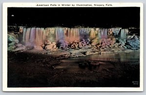 New York~American Niagara Falls Winter Illumination~Night Scene~1920s Postcard