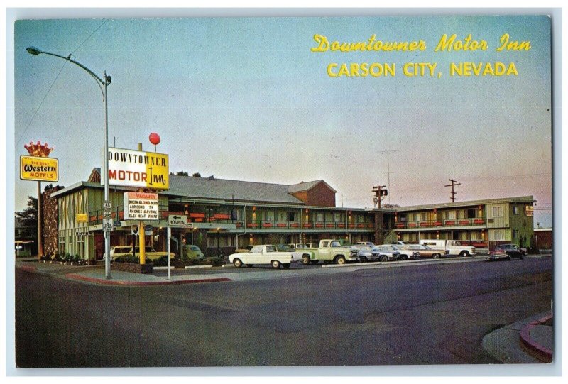 Carson City Nevada NV Postcard Downtowner Motor Inn Building Classic Cars c1960